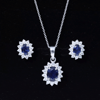 Princess Diana Inspired Lab Grown Blue Sapphire Necklace Earrings Set in Silver