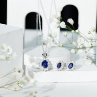 Oval Shaped Lab Created Blue Sapphire Necklace and Earrings Set with Moissanite Halo