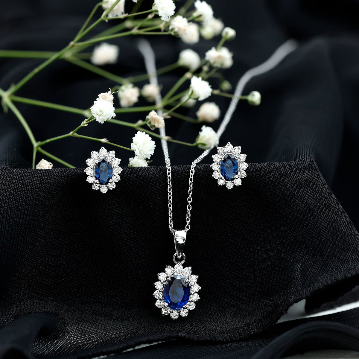 Princess Diana Inspired Lab Grown Blue Sapphire Necklace Earrings Set in Silver
