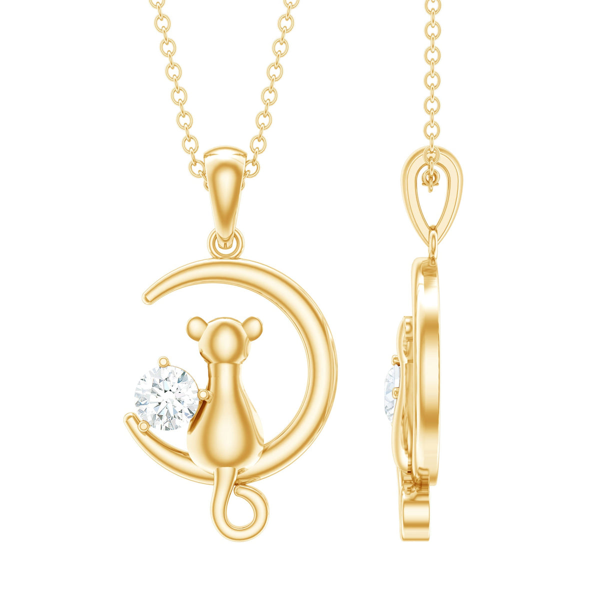 Certified Diamond Cat on Moon Necklace
