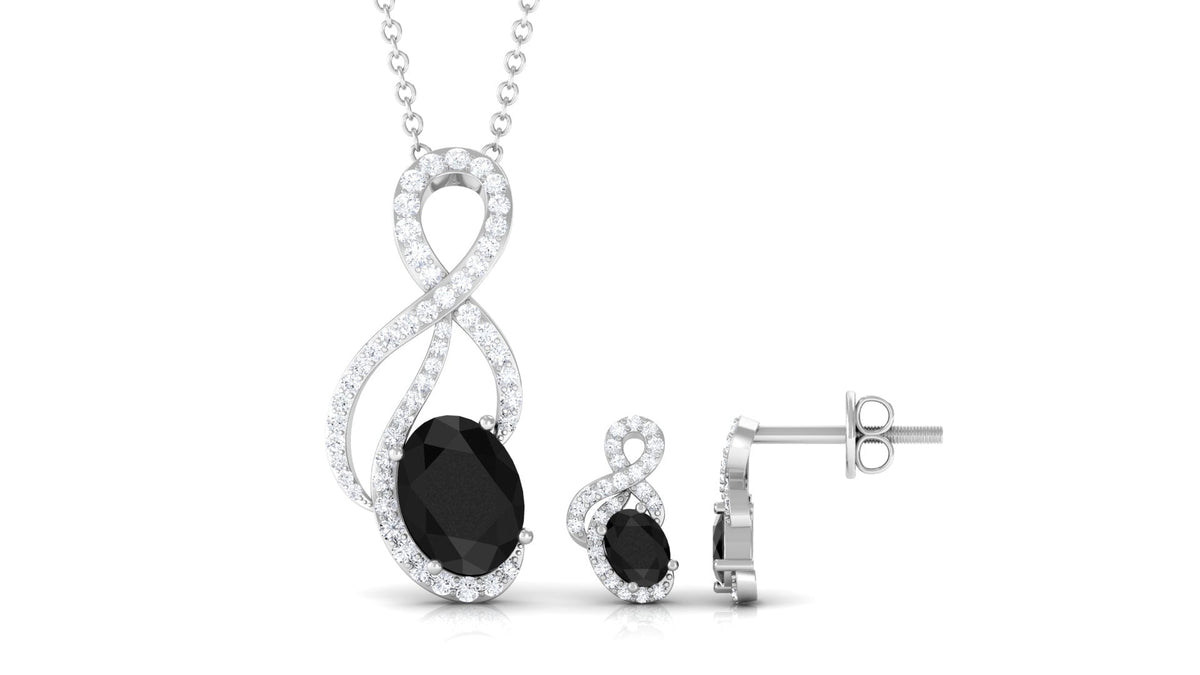 Natural Oval Black Onyx Diamond Infinity Jewelry Set with Certificate