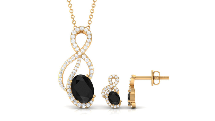 Natural oval black onyx and diamond infinity jewelry set by Rosec Jewels featuring elegant design and certificate of authenticity.