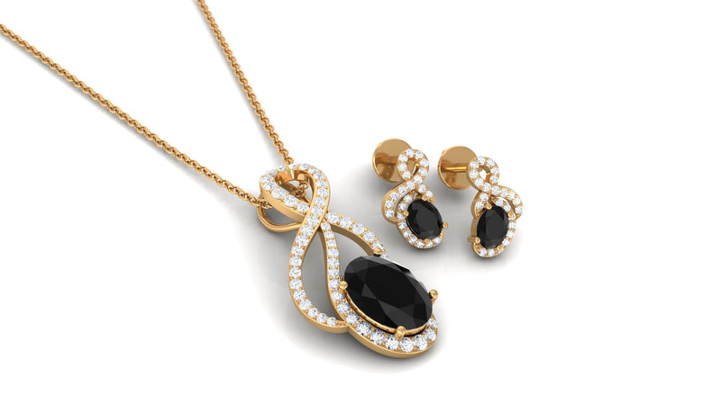Natural oval black onyx and diamond infinity jewelry set by Rosec Jewels with certificate, featuring elegant black onyx stones and sparkling diamonds.