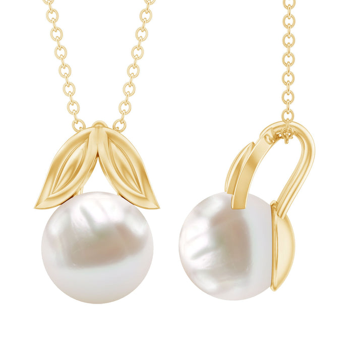 Freshwater pearl solitaire pendant with leaf design by Rosec Jewels, featuring a elegant pearl hanging from a delicate chain.