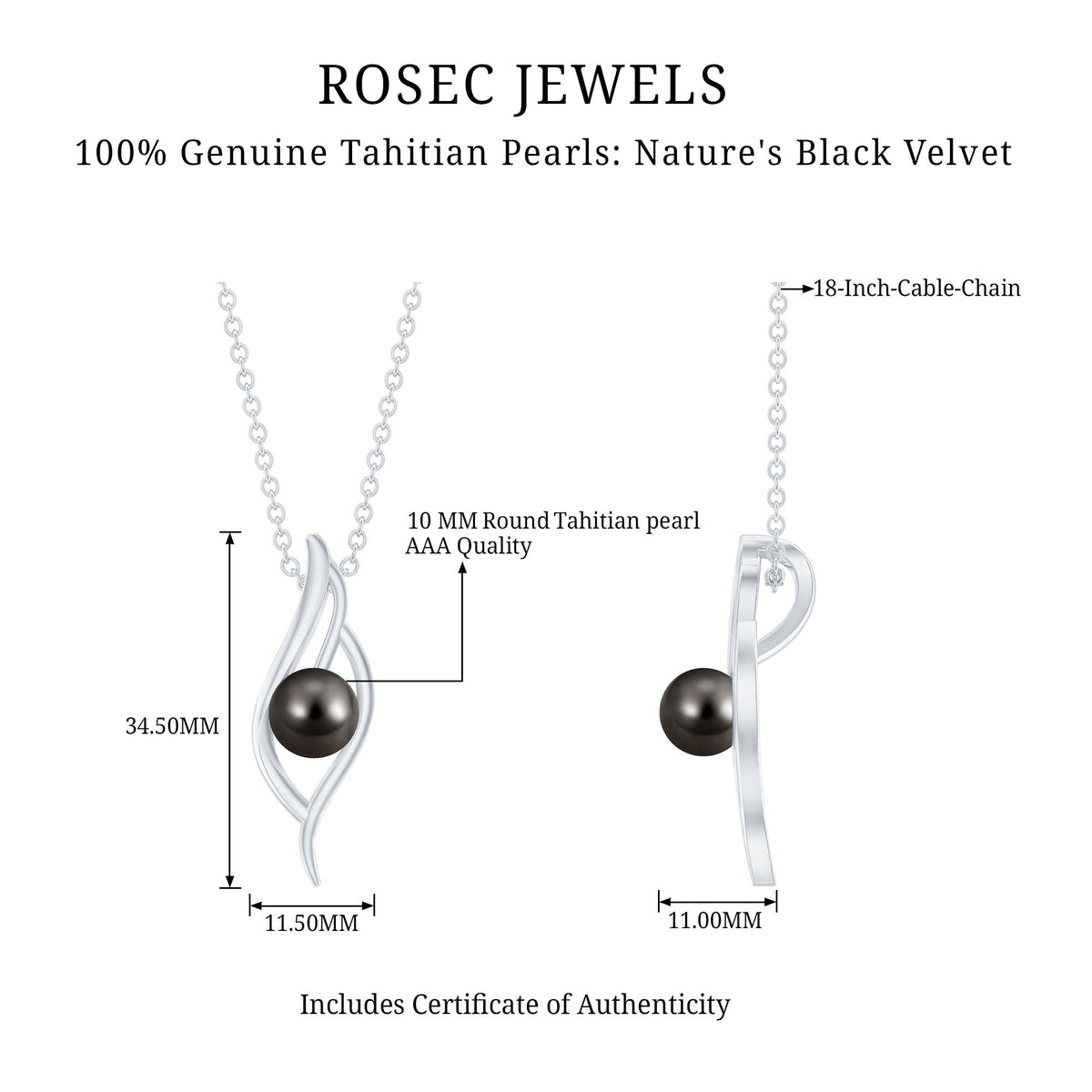 8 Carat Solitaire Black Pearl Leaf Pendant Necklace