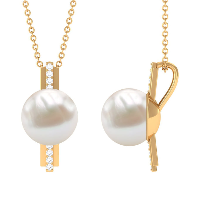 Freshwater pearl and diamond contemporary pendant by Rosec Jewels featuring a sleek design and elegant chain.