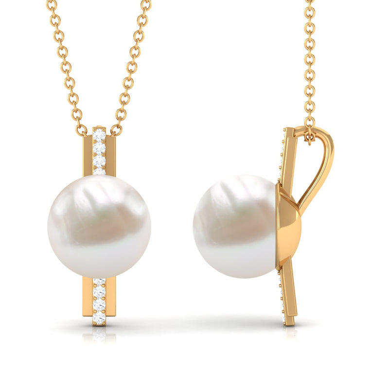 Freshwater pearl solitaire and diamond contemporary pendant by Rosec Jewels featuring a sleek, elegant design.