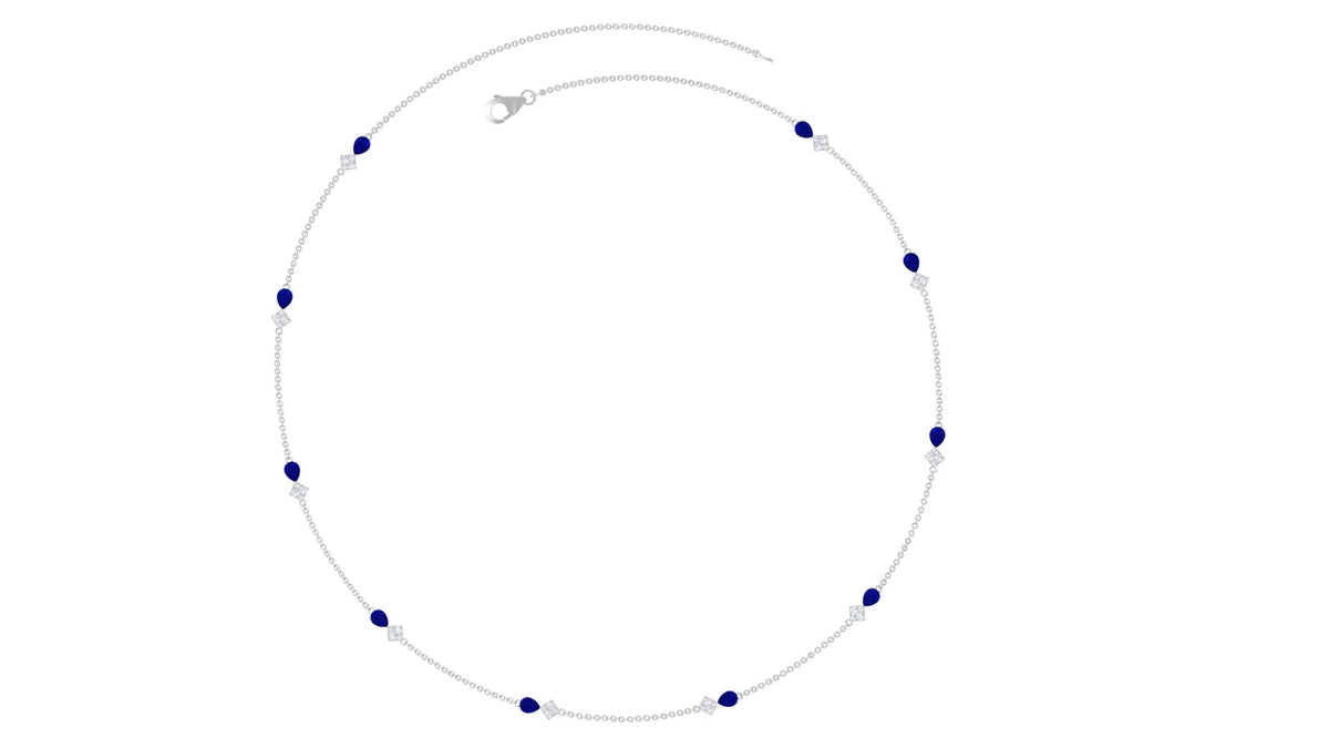 Pear Cut Created Blue Sapphire and Diamond Station Chain Necklace