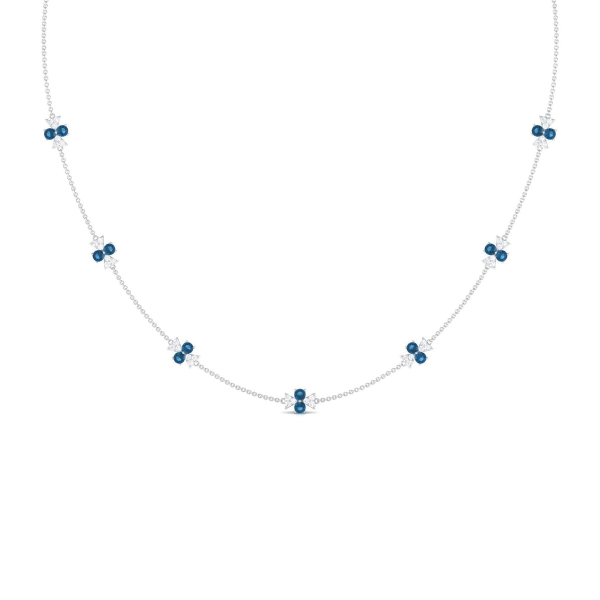 London Blue Topaz Station Chain Necklace with Moissanite