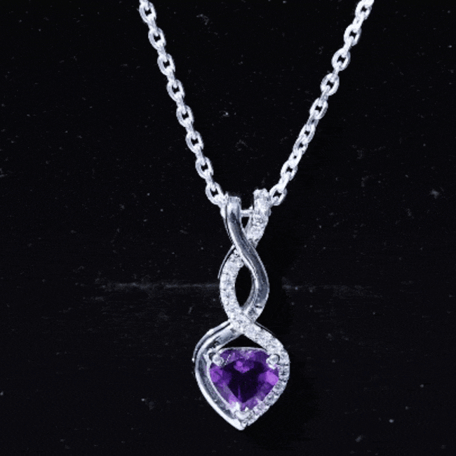 Certified 2 Carat Amethyst infinity heart pendant with silver chain from Rosec Jewels, featuring a polished purple gemstone and elegant design.