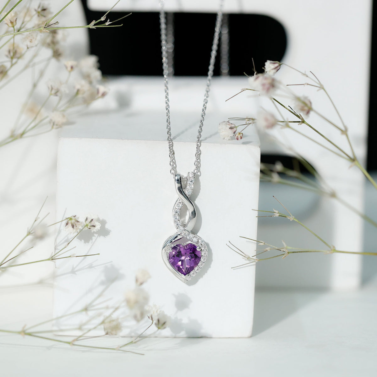 Certified 2 Carat Amethyst Infinity Heart Necklace with Silver Chain