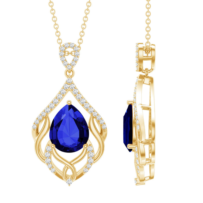 Lab grown blue sapphire and diamond pendant from Rosec Jewels, elegant designer bridal necklace with intricate detailing.