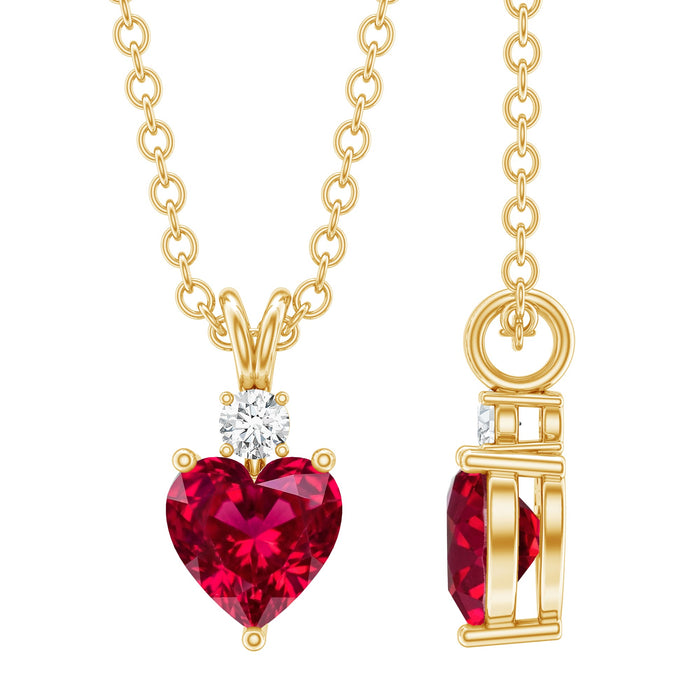 Lab-grown 0.9 carat ruby heart pendant with diamonds by Rosec Jewels, showcasing a sparkling gemstone and elegant design.