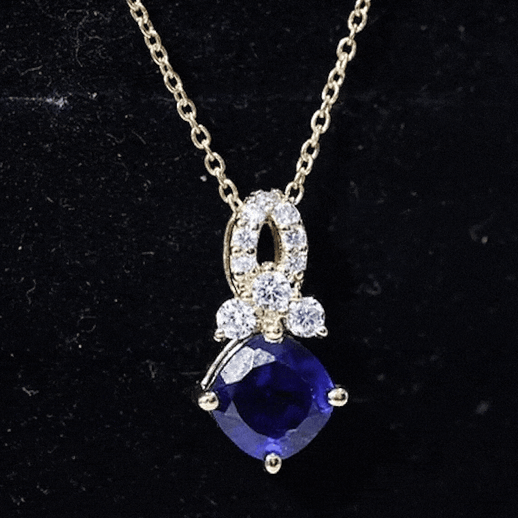 Yellow cushion cut lab-grown blue sapphire solitaire necklace with diamond pendant by Rosec Jewels