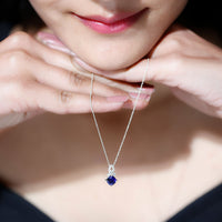 Cushion Cut Lab Grown Blue Sapphire Solitaire Necklace with Diamond