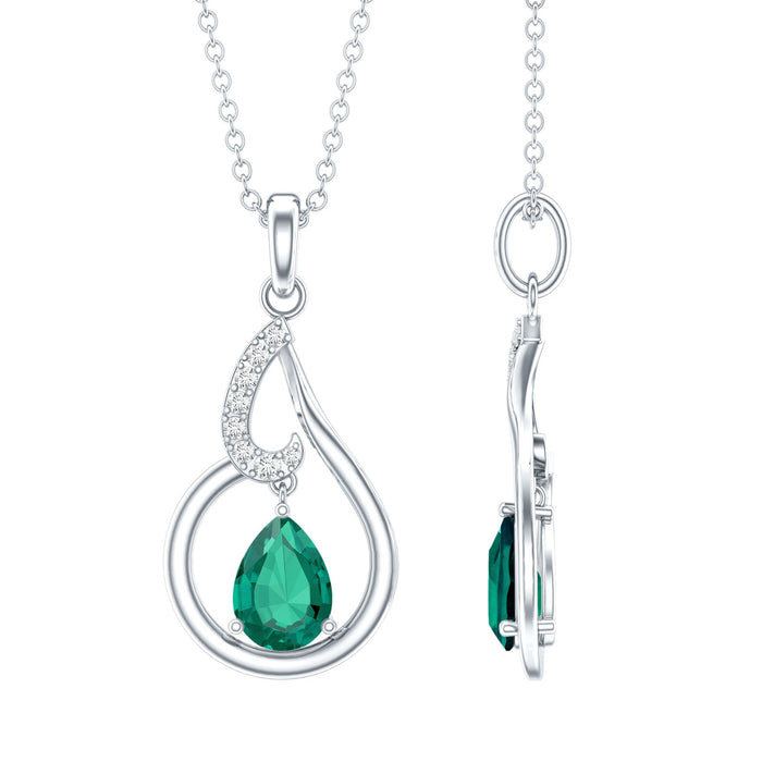 Lab grown emerald teardrop pendant on chain by Rosec Jewels, 0.7 carats, elegant jewelry with green gemstone and silver setting.