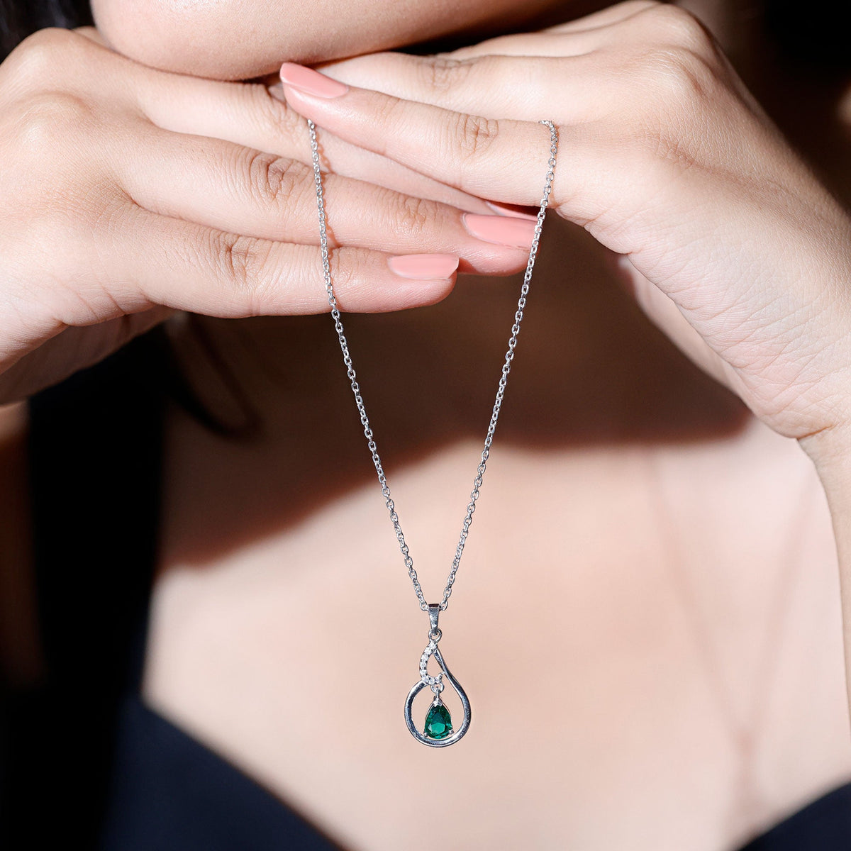 Certified 0.7 Carat Lab Grown Emerald Teardrop Necklace with Chain