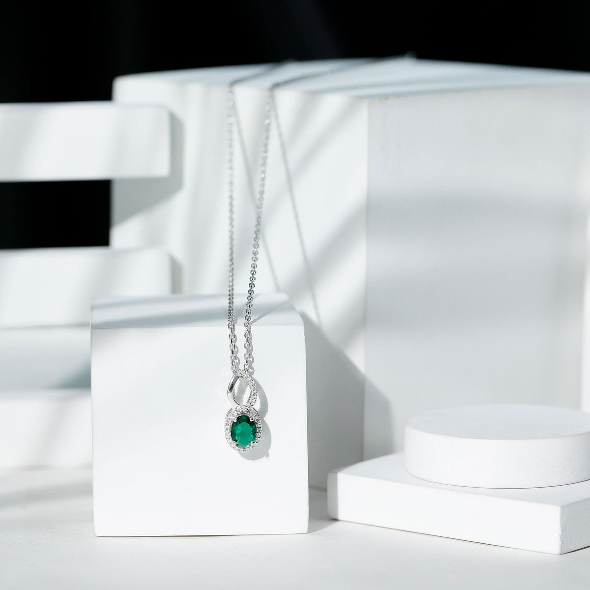 1.2 Carat Oval Lab Grown Emerald Infinity Necklace with Silver Chain