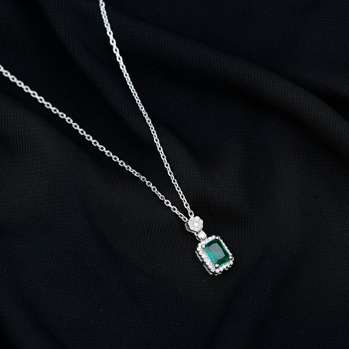 Vintage Style 1.6 Carat Lab Grown Emerald Necklace with Silver Chain