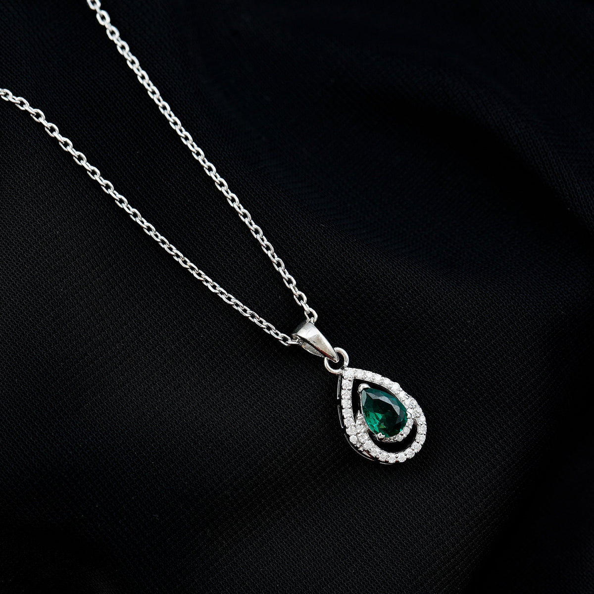 Sterling Silver 0.7 Carat Lab Grown Emerald Teardrop Pendant Necklace with Moissanite
