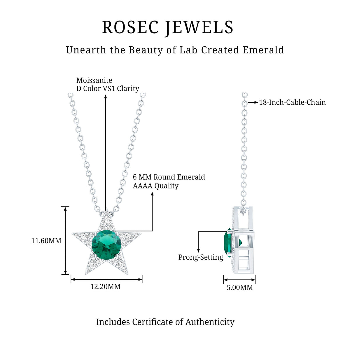 Sterling Silver 0.8 Carat Lab Grown Emerald Star Necklace with Silver Chain