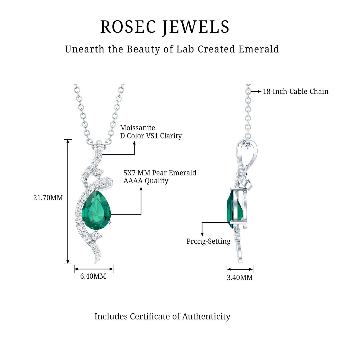 Designer 0.7 Carat Lab Grown Emerald Pear Shaped Necklace in Silver