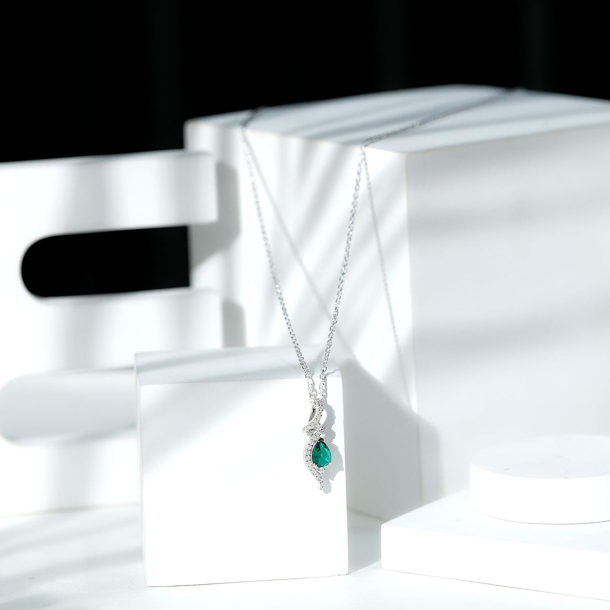 Designer 0.7 Carat Lab Grown Emerald Pear Shaped Necklace in Silver