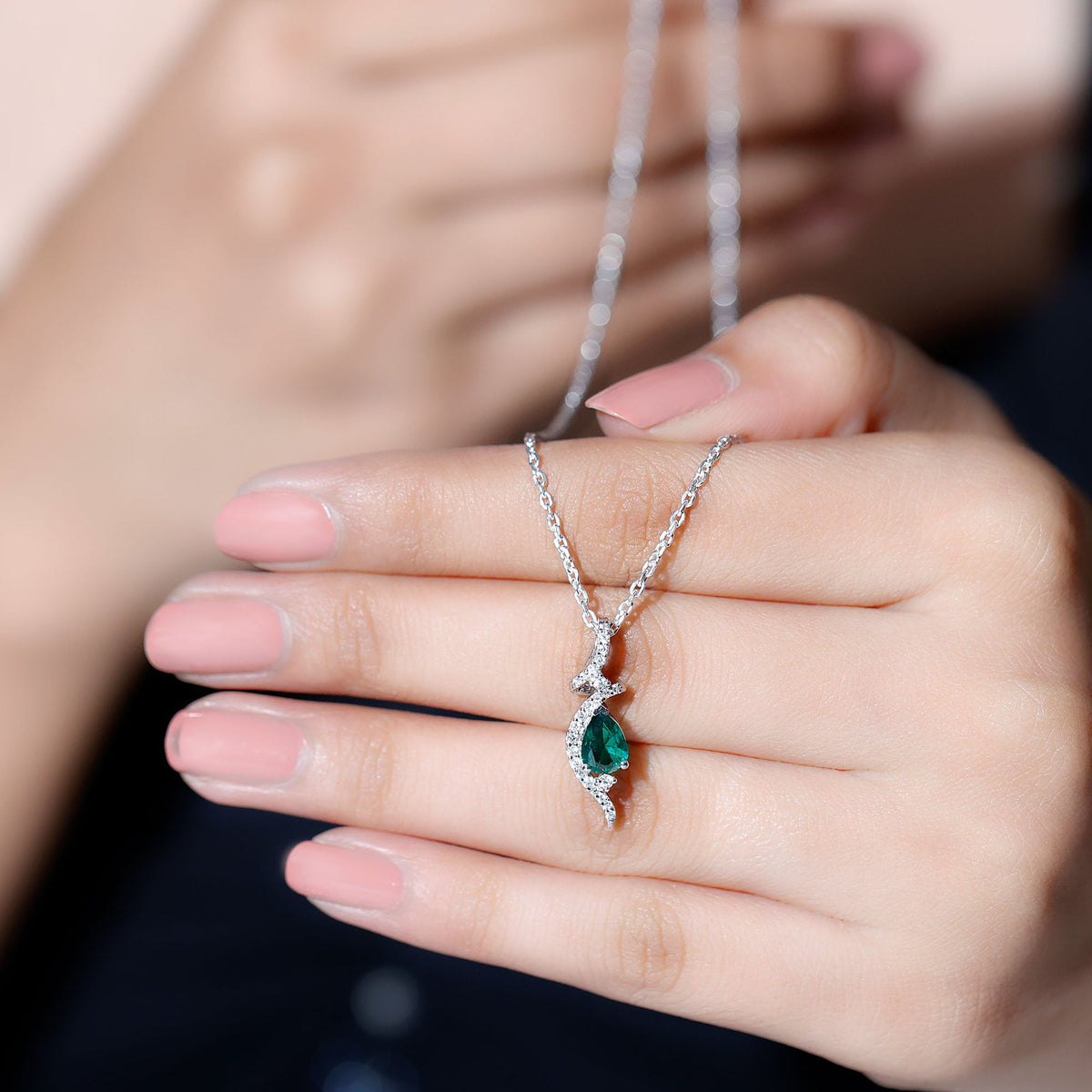 Designer 0.7 Carat Lab Grown Emerald Pear Shaped Necklace in Silver
