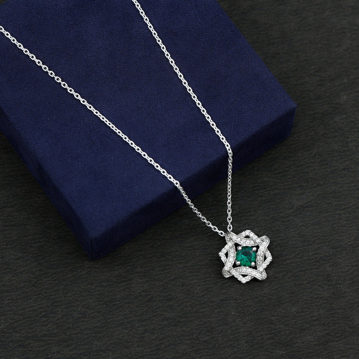 Certified 0.8 Carat Lab Grown Emerald Interlock Necklace with Silver Chain