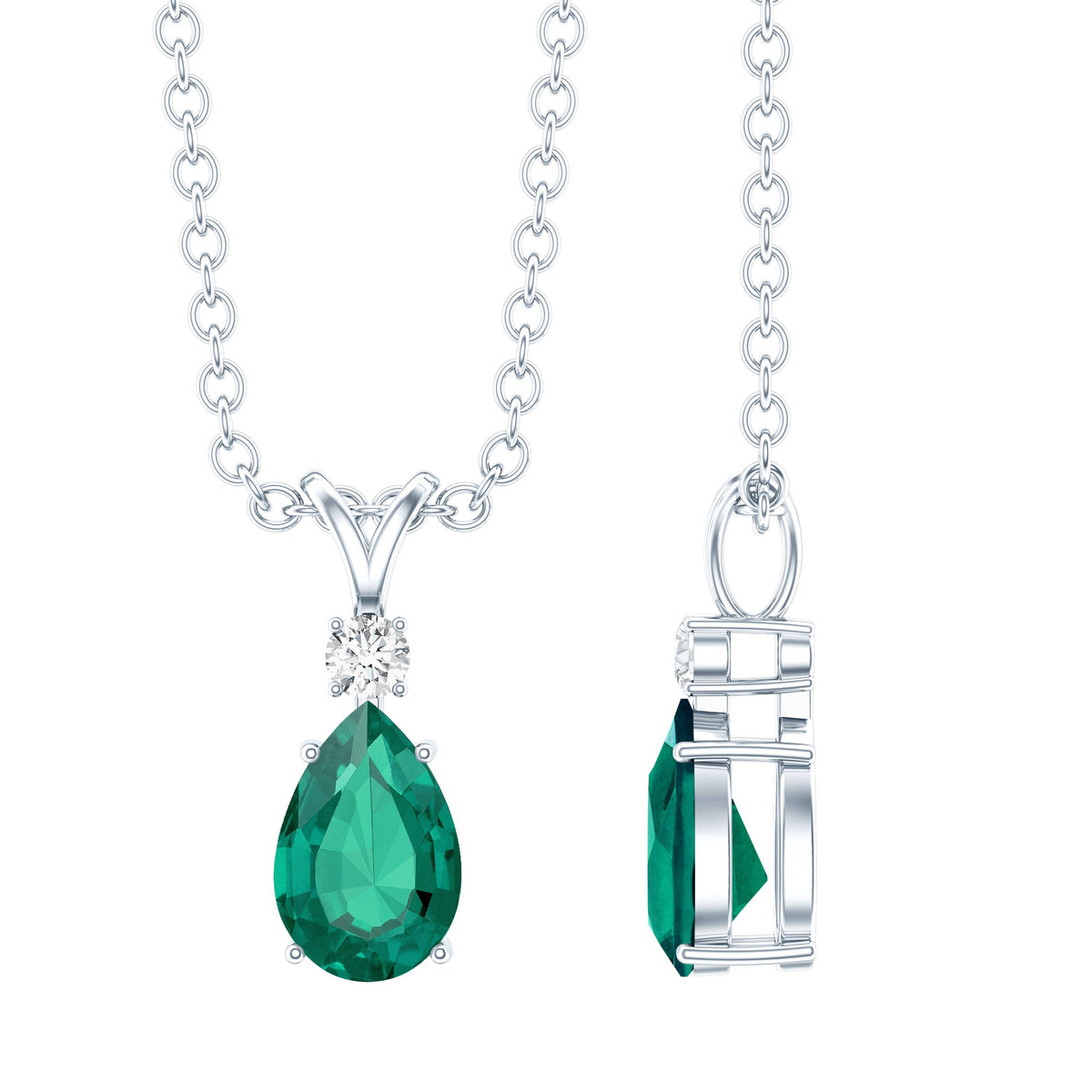 Certified 0.7 Carat Lab Grown Emerald Teardrop Necklace with Silver Chain