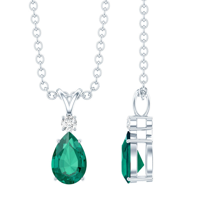 Lab grown emerald teardrop pendant with silver chain, certified 0.7 carat, from Rosec Jewels, showcasing a elegant jewelry piece