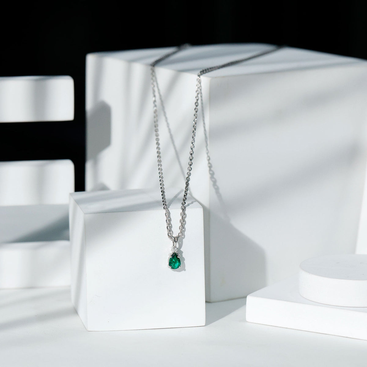 Certified 0.7 Carat Lab Grown Emerald Teardrop Necklace with Silver Chain