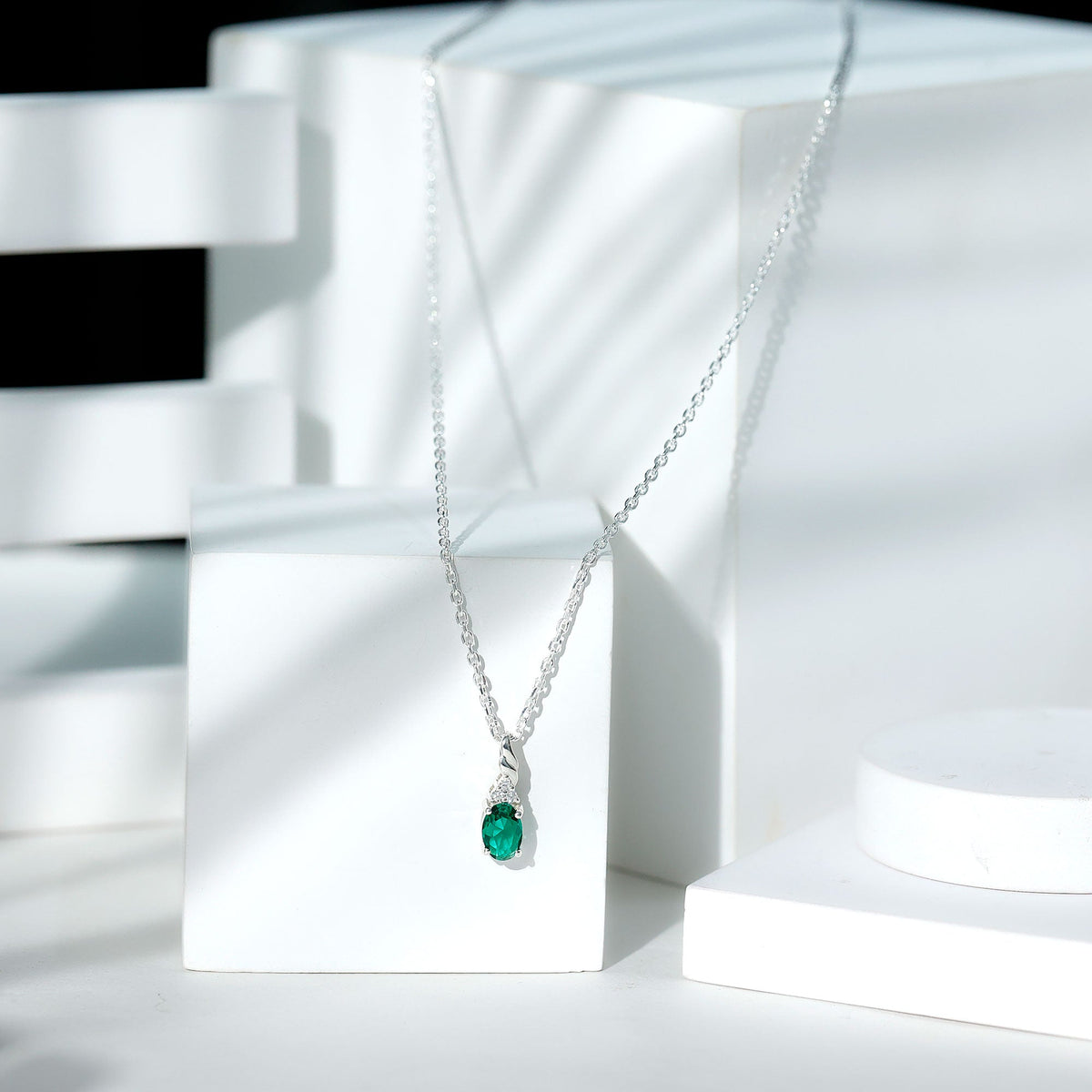 Sterling Silver 0.8 Carat Lab Grown Emerald Solitaire Necklace with Chain