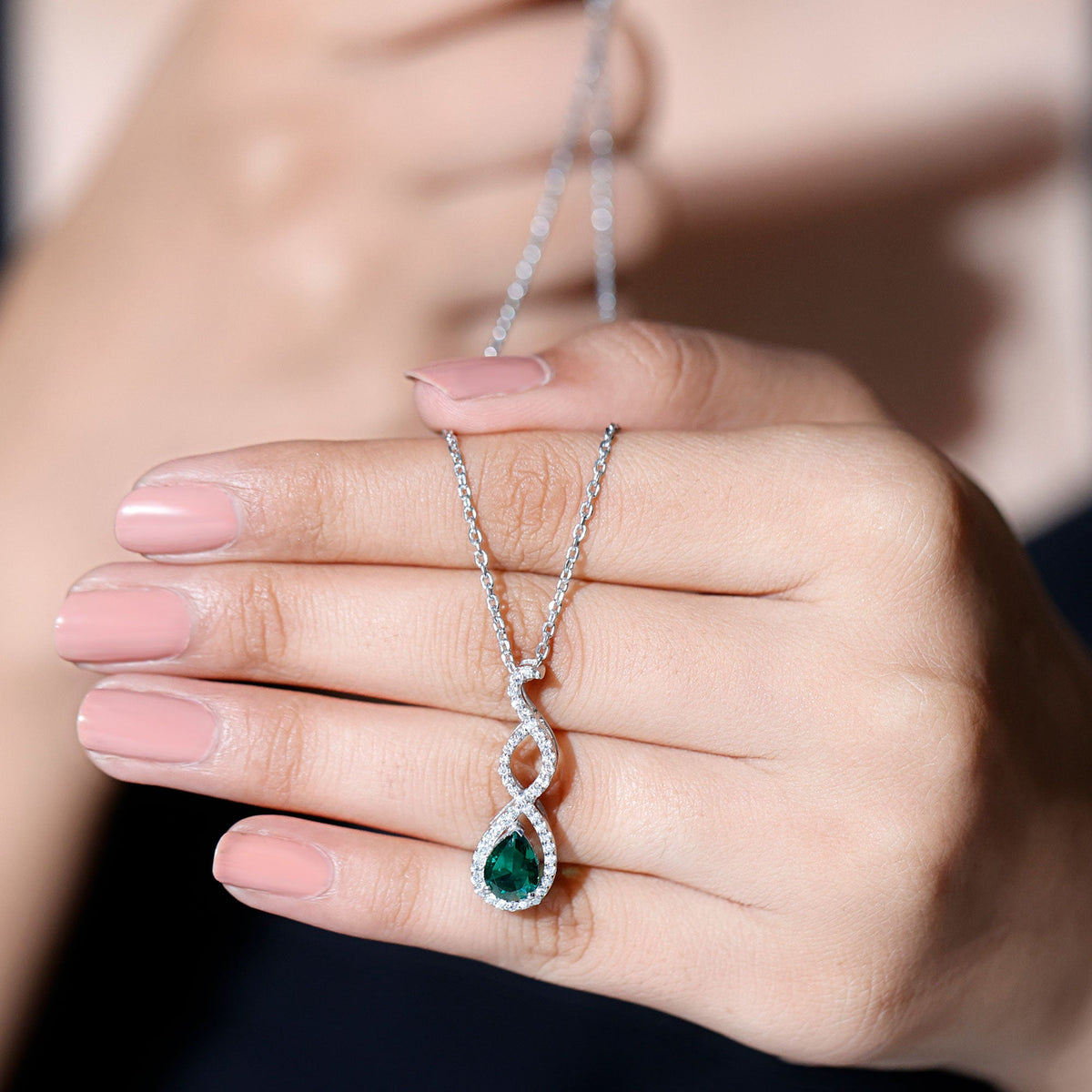 Womens Lab Grown Emerald Infinity Necklace with Silver Chain