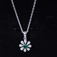 Lab Grown Emerald Flower Pendant Necklace with Silver Chain