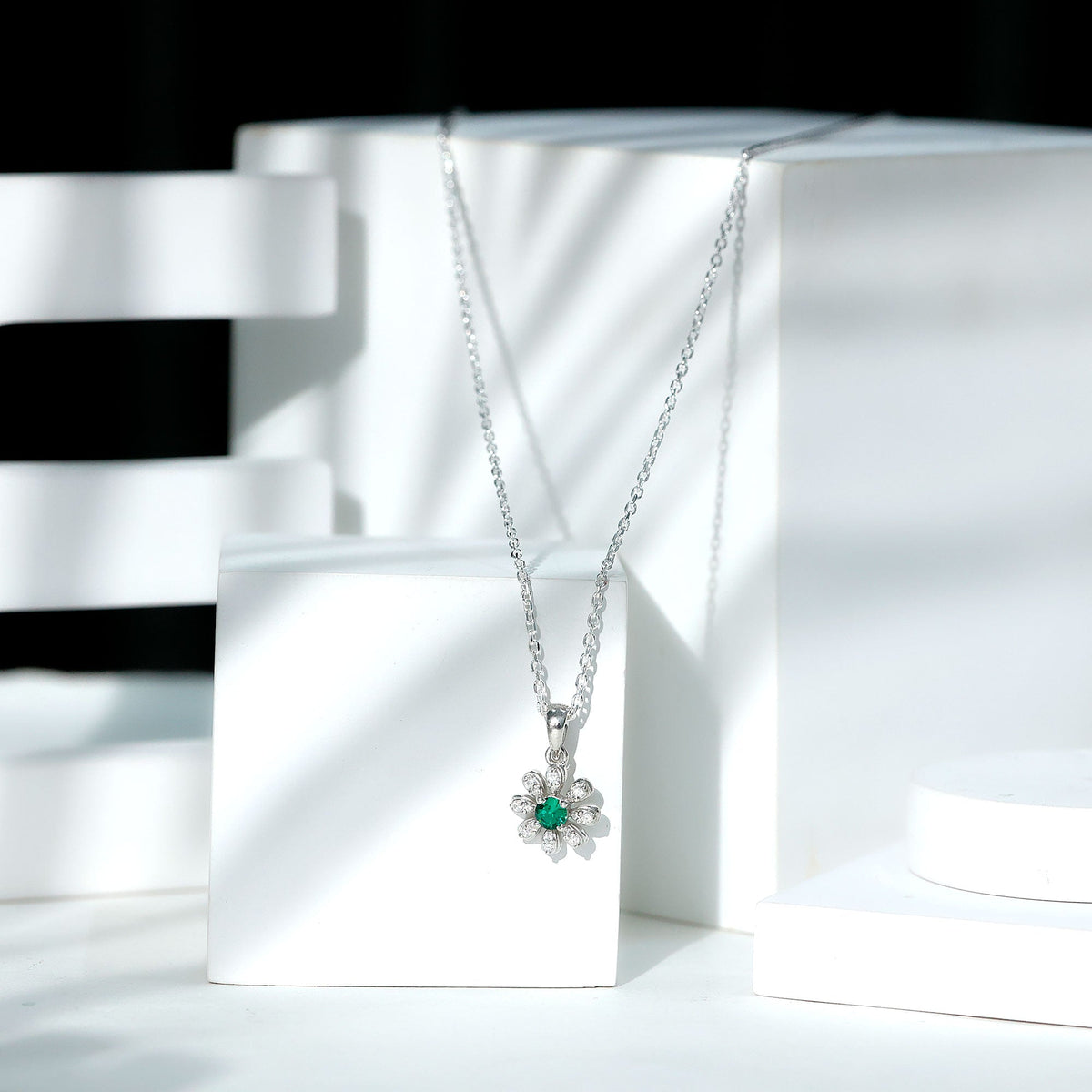 Lab Grown Emerald Flower Pendant Necklace with Silver Chain