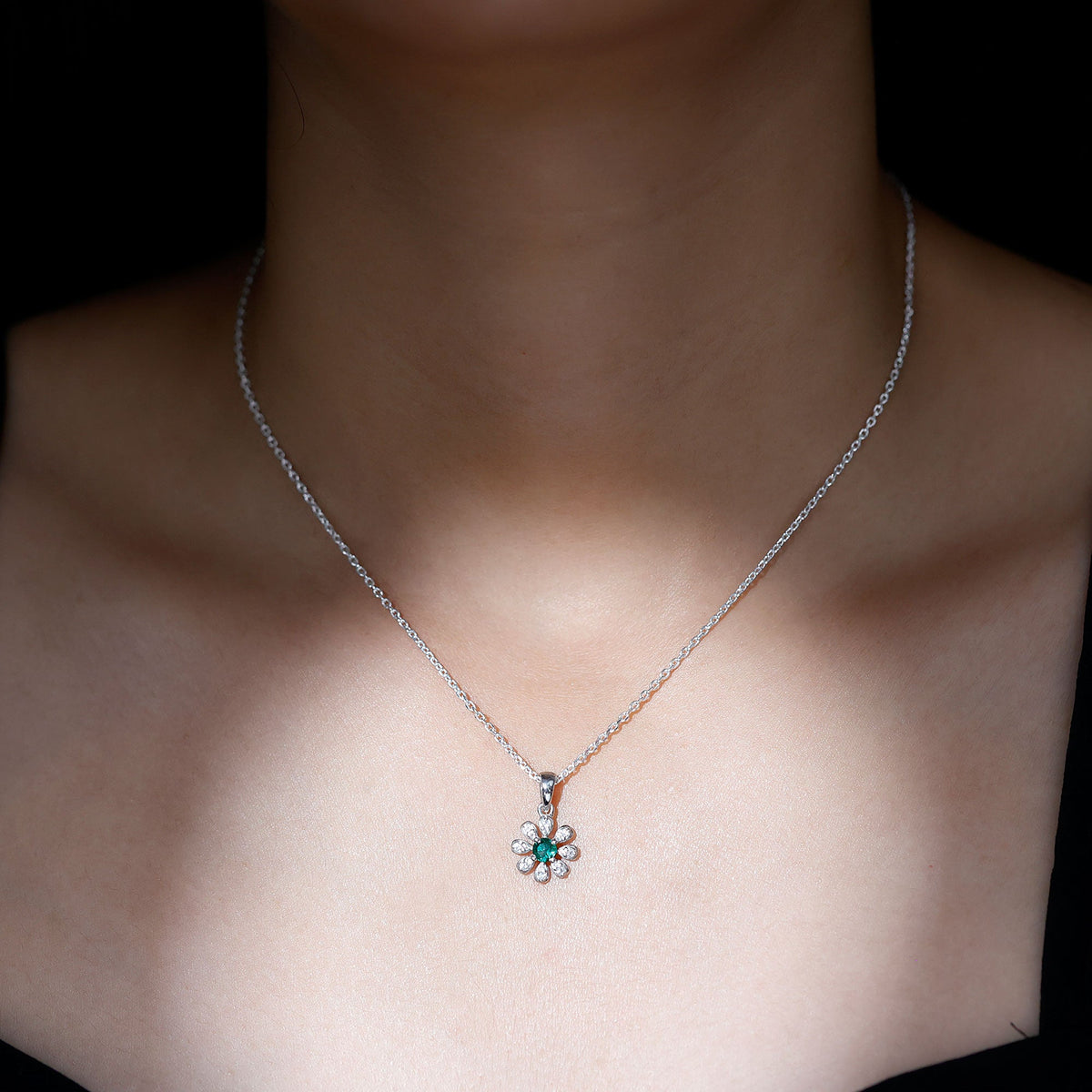 Lab Grown Emerald Flower Pendant Necklace with Silver Chain