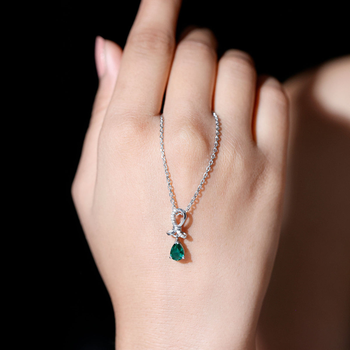 Certified Pear Shape Lab Grown Emerald Designer Necklace with Silver Chain