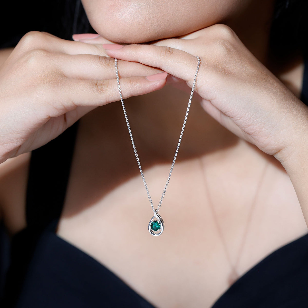 Lab Created 0.8 Carat Emerald Teardrop Necklace with Silver Chain