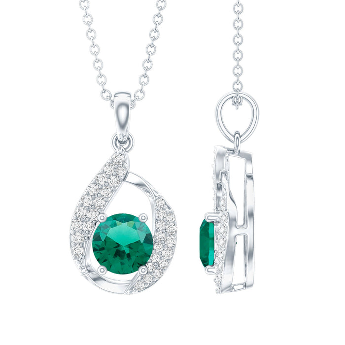 Lab grown emerald pendant necklace with 0.8 carat emerald drop on silver chain by Rosec Jewels.