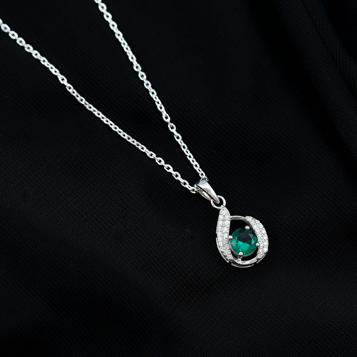 Certified 0.8 Carat Lab Grown Emerald Drop Necklace with Silver Chain