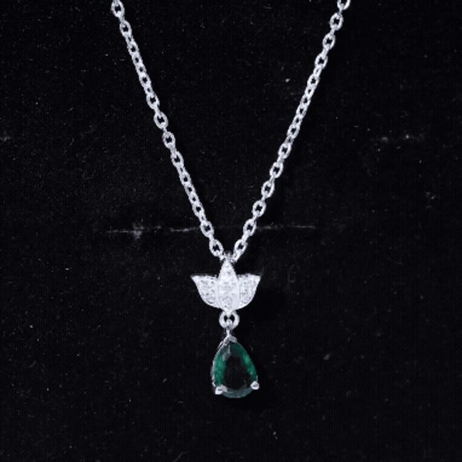 Sterling Silver 0.7 Carat Lab Grown Emerald Teardrop Necklace with Moissanite Lotus Flower