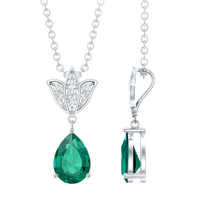 Sterling Silver 0.7 Carat Lab Grown Emerald Teardrop Necklace with Moissanite Lotus Flower