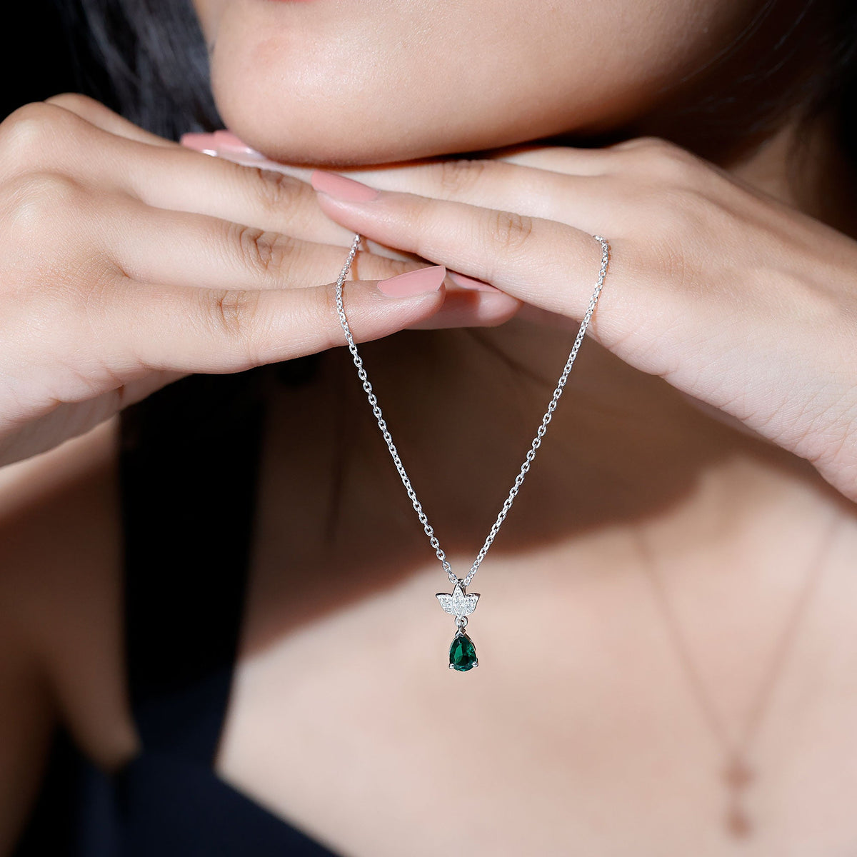 Sterling Silver 0.7 Carat Lab Grown Emerald Teardrop Necklace with Moissanite Lotus Flower