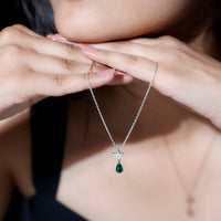 Sterling Silver 0.7 Carat Lab Grown Emerald Teardrop Necklace with Moissanite Lotus Flower