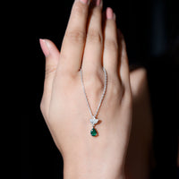 Sterling Silver 0.7 Carat Lab Grown Emerald Teardrop Necklace with Moissanite Lotus Flower