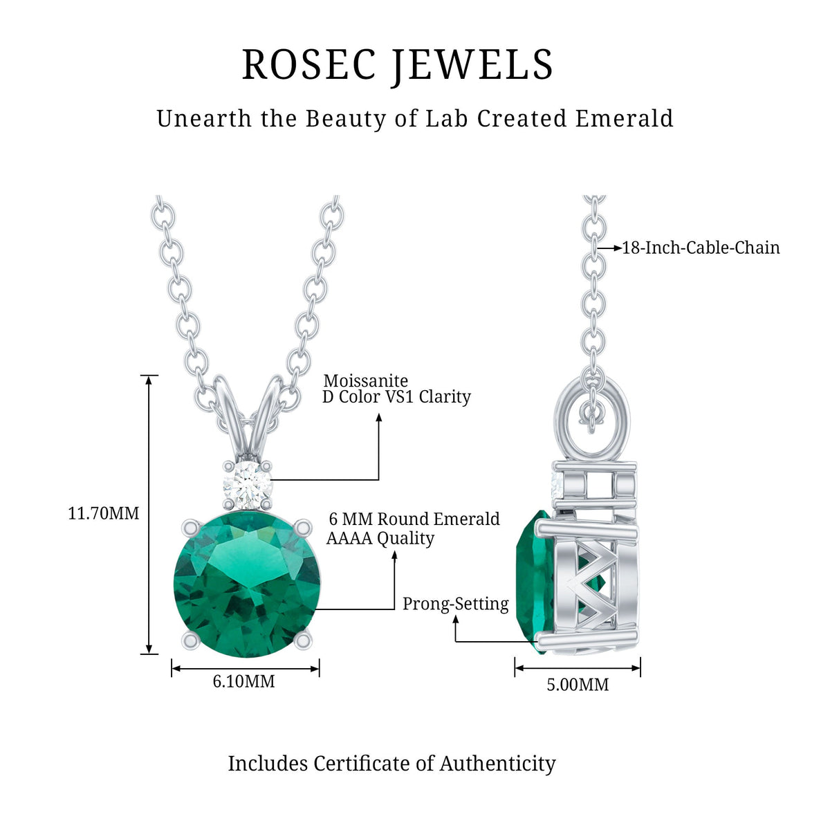 AAAA Quality Lab Grown Emerald Solitaire Necklace With Silver Chain