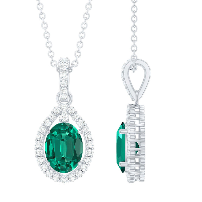 Lab grown emerald drop pendant necklace with moissanite by Rosec Jewels, showcasing a 1.26 carat emerald and sparkling stones.