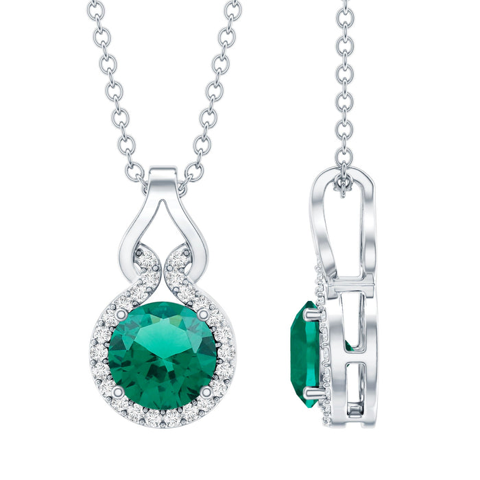 Lab grown 0.8 carat emerald pendant necklace with moissanite halo, featuring a Rosec Jewels pendant on a delicate chain.