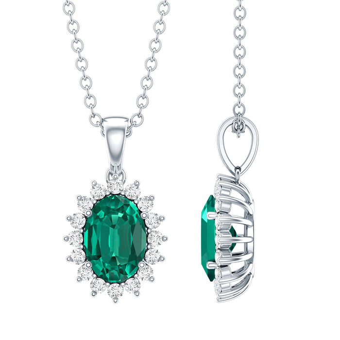 Lab grown 0.85 carat emerald pendant with oval cut and chain from Rosec Jewels, showcasing a sparkling green gemstone.